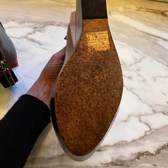 Finsk grey leather orange and brown wooden wedge booties, size 5.5 - Picture 10 of 12